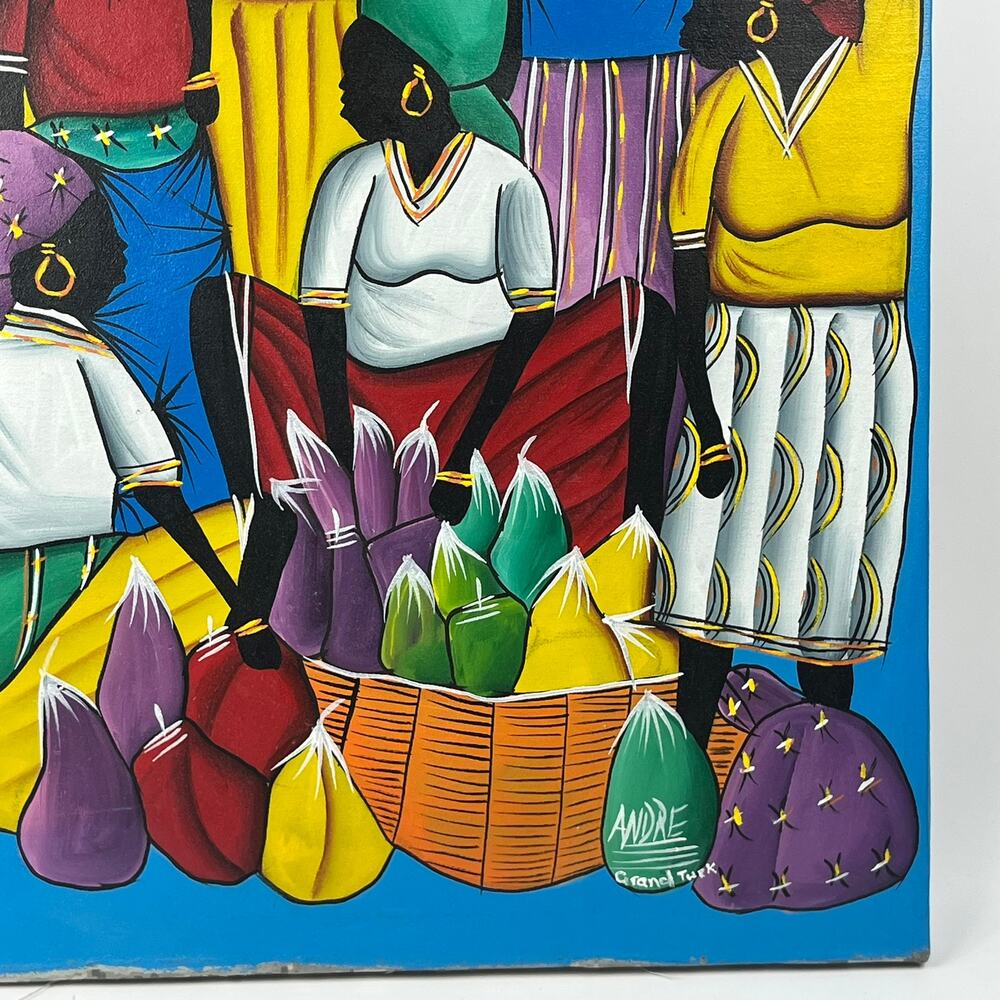 Andre Grand Turk Signed Caribbean Folk Art Canvas Painting Market Scene 18"x24" - Picture 4 of 16